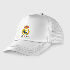 Детская кепка тракер с принтом Я люблю Реал Мадрид в Курске, Козырек - 100% хлопок. Кепка - 100% полиэстер, Задняя часть - сетка | универсальный размер, пластиковая застёжка | Тематика изображения на принте: реал мадрид  реал мадрид футбол испания