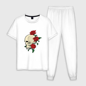 Мужская пижама хлопок с принтом Skull & roses в Курске, 100% хлопок | брюки и футболка прямого кроя, без карманов, на брюках мягкая резинка на поясе и по низу штанин
 | розы