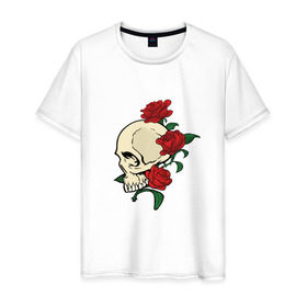 Мужская футболка хлопок с принтом Skull & roses в Курске, 100% хлопок | прямой крой, круглый вырез горловины, длина до линии бедер, слегка спущенное плечо. | розы