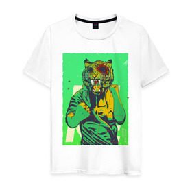 Мужская футболка хлопок с принтом Tiger в Курске, 100% хлопок | прямой крой, круглый вырез горловины, длина до линии бедер, слегка спущенное плечо. | hotline miami