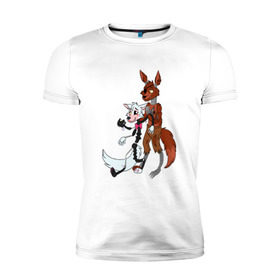 Мужская футболка премиум с принтом Foxy and sister в Курске, 92% хлопок, 8% лайкра | приталенный силуэт, круглый вырез ворота, длина до линии бедра, короткий рукав | fnaf | фнаф