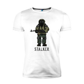 Мужская футболка премиум с принтом Сталкер в Курске, 92% хлопок, 8% лайкра | приталенный силуэт, круглый вырез ворота, длина до линии бедра, короткий рукав | shooter | stalker | радиация | шутер