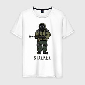 Мужская футболка хлопок с принтом Сталкер в Курске, 100% хлопок | прямой крой, круглый вырез горловины, длина до линии бедер, слегка спущенное плечо. | shooter | stalker | радиация | шутер
