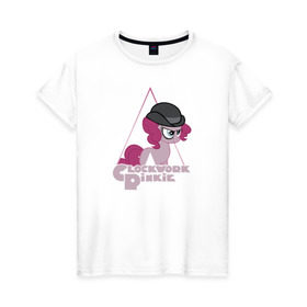 Женская футболка хлопок с принтом Clockwork Pinkie в Курске, 100% хлопок | прямой крой, круглый вырез горловины, длина до линии бедер, слегка спущенное плечо | Тематика изображения на принте: little | маленькие пони | мои маленькие пони: дружба это магия оригинальное название: my little popony