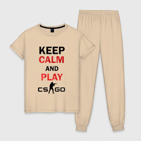 Женская пижама хлопок с принтом Keep Calm and play cs:go в Курске, 100% хлопок | брюки и футболка прямого кроя, без карманов, на брюках мягкая резинка на поясе и по низу штанин | calm | cs go | keep | го