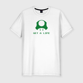 Мужская футболка премиум с принтом Mario Mushroom в Курске, 92% хлопок, 8% лайкра | приталенный силуэт, круглый вырез ворота, длина до линии бедра, короткий рукав | lvl up | nintendo | гриб | жизнь | марио | нинтендо