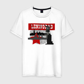 Мужская футболка хлопок с принтом Ленинград белая база в Курске, 100% хлопок | прямой крой, круглый вырез горловины, длина до линии бедер, слегка спущенное плечо. | аврора | ленин | ленинградская символика ленинград