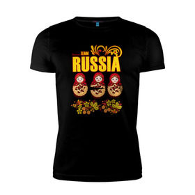 Мужская футболка премиум с принтом National team Russia в Курске, 92% хлопок, 8% лайкра | приталенный силуэт, круглый вырез ворота, длина до линии бедра, короткий рукав | матрешки | патриоты | родина | россия | рф