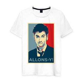 Мужская футболка хлопок с принтом Десятый доктор Allons-y! в Курске, 100% хлопок | прямой крой, круглый вырез горловины, длина до линии бедер, слегка спущенное плечо. | allons y | doctor who | десятый доктор | доктор кто
