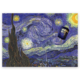 Поздравительная открытка с принтом Ван Гог Тардис в Курске, 100% бумага | плотность бумаги 280 г/м2, матовая, на обратной стороне линовка и место для марки
 | Тематика изображения на принте: ван гог | доктор кто | живопись | звездная ночь | тардис