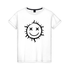 Женская футболка хлопок с принтом Символ - позитивное солнце в Курске, 100% хлопок | прямой крой, круглый вырез горловины, длина до линии бедер, слегка спущенное плечо | звезда | позитив | прикольный | смайл | солнце | улыбка