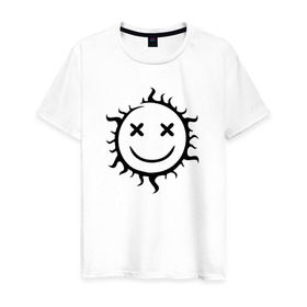 Мужская футболка хлопок с принтом Символ - позитивное солнце в Курске, 100% хлопок | прямой крой, круглый вырез горловины, длина до линии бедер, слегка спущенное плечо. | звезда | позитив | прикольный | смайл | солнце | улыбка