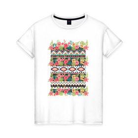 Женская футболка хлопок с принтом Flower pattern в Курске, 100% хлопок | прямой крой, круглый вырез горловины, длина до линии бедер, слегка спущенное плечо | 