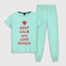Женская пижама хлопок с принтом KEEP CALM and LOVE RUSSIA в Курске, 100% хлопок | брюки и футболка прямого кроя, без карманов, на брюках мягкая резинка на поясе и по низу штанин | Тематика изображения на принте: keep calm | keep calm and love russiarussia | россия | я русский