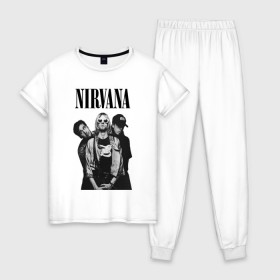 Женская пижама хлопок с принтом Nirvana Group в Курске, 100% хлопок | брюки и футболка прямого кроя, без карманов, на брюках мягкая резинка на поясе и по низу штанин | kurt cobain | nirvana | курт кобейн | нирвана | нранж