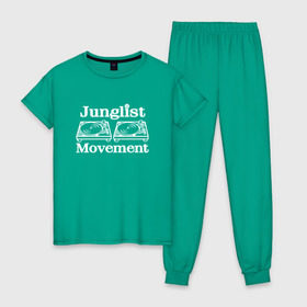 Женская пижама хлопок с принтом Junglist Movement в Курске, 100% хлопок | брюки и футболка прямого кроя, без карманов, на брюках мягкая резинка на поясе и по низу штанин | Тематика изображения на принте: jungle | junglist | junglist movement   одежда для трушных джанглистов | movement | уважающих корни днб.dnb