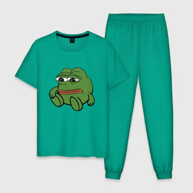 Мужская пижама хлопок с принтом Грустняш в Курске, 100% хлопок | брюки и футболка прямого кроя, без карманов, на брюках мягкая резинка на поясе и по низу штанин
 | Тематика изображения на принте: pepe | грустная жаба | жаба | мем | пепе