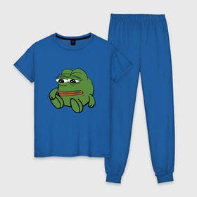 Женская пижама хлопок с принтом Грустняш в Курске, 100% хлопок | брюки и футболка прямого кроя, без карманов, на брюках мягкая резинка на поясе и по низу штанин | pepe | грустная жаба | жаба | мем | пепе