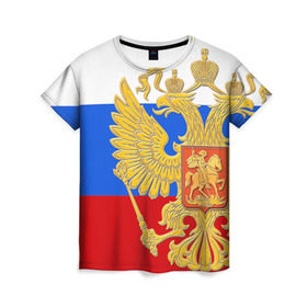 Женская футболка 3D с принтом Флаг и герб РФ в Курске, 100% полиэфир ( синтетическое хлопкоподобное полотно) | прямой крой, круглый вырез горловины, длина до линии бедер | герб | патриот | россия | рф | флаг