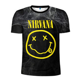 Мужская футболка 3D спортивная с принтом Nirvana в Курске, 100% полиэстер с улучшенными характеристиками | приталенный силуэт, круглая горловина, широкие плечи, сужается к линии бедра | Тематика изображения на принте: cobain | curt | nirvana | rock | smile | кобейн | курт | рок | смайл