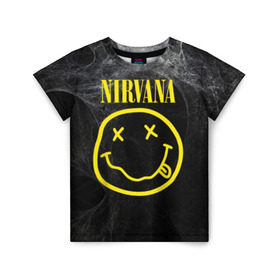 Детская футболка 3D с принтом Nirvana в Курске, 100% гипоаллергенный полиэфир | прямой крой, круглый вырез горловины, длина до линии бедер, чуть спущенное плечо, ткань немного тянется | Тематика изображения на принте: cobain | curt | nirvana | rock | smile | кобейн | курт | рок | смайл
