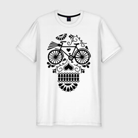 Мужская футболка премиум с принтом Велочереп в Курске, 92% хлопок, 8% лайкра | приталенный силуэт, круглый вырез ворота, длина до линии бедра, короткий рукав | bicycle | bike | biker | байк | велик | велосипед | велосипедист | велоспорт | велочереп | спорт | череп