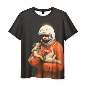 Мужская футболка 3D с принтом Гагарин в Курске, 100% полиэфир | прямой крой, круглый вырез горловины, длина до линии бедер | гагарин | космос. россия | поехали | полет | собака | ссср