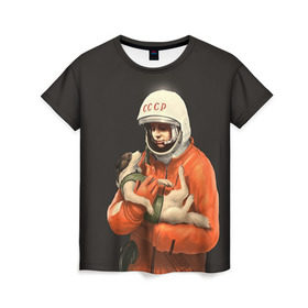 Женская футболка 3D с принтом Гагарин в Курске, 100% полиэфир ( синтетическое хлопкоподобное полотно) | прямой крой, круглый вырез горловины, длина до линии бедер | гагарин | космос. россия | поехали | полет | собака | ссср