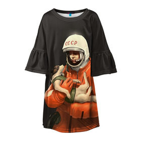 Детское платье 3D с принтом Гагарин в Курске, 100% полиэстер | прямой силуэт, чуть расширенный к низу. Круглая горловина, на рукавах — воланы | гагарин | космос. россия | поехали | полет | собака | ссср
