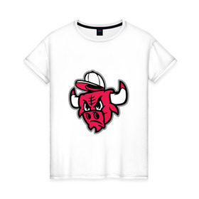 Женская футболка хлопок с принтом Chicago Bulls (в кепке) в Курске, 100% хлопок | прямой крой, круглый вырез горловины, длина до линии бедер, слегка спущенное плечо | Тематика изображения на принте: chicago bulls | буллз | кепка | чикаго | чикаго буллз