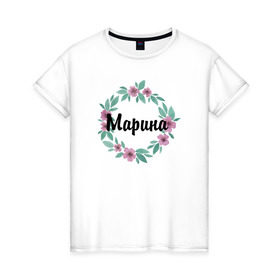 Женская футболка хлопок с принтом Марина в Курске, 100% хлопок | прямой крой, круглый вырез горловины, длина до линии бедер, слегка спущенное плечо | акварель | венок | марина | цветы