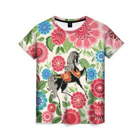 Женская футболка 3D с принтом Роспись в Курске, 100% полиэфир ( синтетическое хлопкоподобное полотно) | прямой крой, круглый вырез горловины, длина до линии бедер | конь | лошадь | узор | цветы