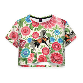 Женская футболка 3D укороченная с принтом Роспись в Курске, 100% полиэстер | круглая горловина, длина футболки до линии талии, рукава с отворотами | конь | лошадь | узор | цветы