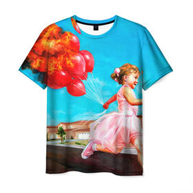 Мужская футболка 3D с принтом Девочка с шариками в Курске, 100% полиэфир | прямой крой, круглый вырез горловины, длина до линии бедер | Тематика изображения на принте: картина | огонь