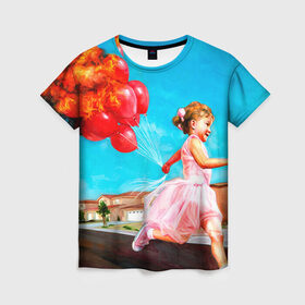 Женская футболка 3D с принтом Девочка с шариками в Курске, 100% полиэфир ( синтетическое хлопкоподобное полотно) | прямой крой, круглый вырез горловины, длина до линии бедер | картина | огонь