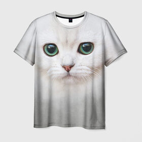 Мужская футболка 3D с принтом Белый котик в Курске, 100% полиэфир | прямой крой, круглый вырез горловины, длина до линии бедер | белая кошка | киса | кот | котик | кошка