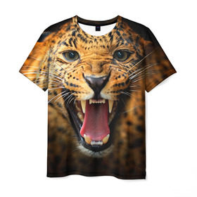 Мужская футболка 3D с принтом Леопард в Курске, 100% полиэфир | прямой крой, круглый вырез горловины, длина до линии бедер | киса | кошка | леопард | хищник