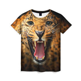 Женская футболка 3D с принтом Леопард в Курске, 100% полиэфир ( синтетическое хлопкоподобное полотно) | прямой крой, круглый вырез горловины, длина до линии бедер | киса | кошка | леопард | хищник