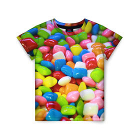 Детская футболка 3D с принтом Конфетки в Курске, 100% гипоаллергенный полиэфир | прямой крой, круглый вырез горловины, длина до линии бедер, чуть спущенное плечо, ткань немного тянется | вкусности | конфеты | мармелад | сладости