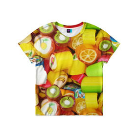 Детская футболка 3D с принтом Леденцы в Курске, 100% гипоаллергенный полиэфир | прямой крой, круглый вырез горловины, длина до линии бедер, чуть спущенное плечо, ткань немного тянется | вкусности | конфеты сладости | леденец