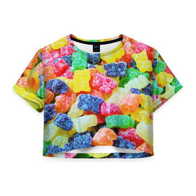 Женская футболка 3D укороченная с принтом Мармеладные мишки в Курске, 100% полиэстер | круглая горловина, длина футболки до линии талии, рукава с отворотами | вкусности | конфеты | мармелад | мишки | сладости