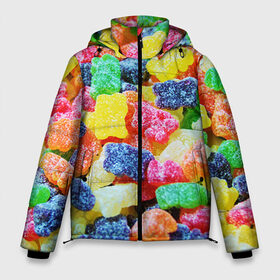 Мужская зимняя куртка 3D с принтом Мармеладные мишки в Курске, верх — 100% полиэстер; подкладка — 100% полиэстер; утеплитель — 100% полиэстер | длина ниже бедра, свободный силуэт Оверсайз. Есть воротник-стойка, отстегивающийся капюшон и ветрозащитная планка. 

Боковые карманы с листочкой на кнопках и внутренний карман на молнии. | Тематика изображения на принте: вкусности | конфеты | мармелад | мишки | сладости