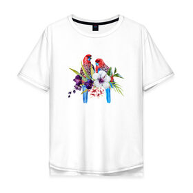 Мужская футболка хлопок Oversize с принтом Попугаи в Курске, 100% хлопок | свободный крой, круглый ворот, “спинка” длиннее передней части | myparrots | акварель | попугаи | птиц | розелла | цветы