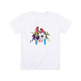 Детская футболка хлопок с принтом Попугаи в Курске, 100% хлопок | круглый вырез горловины, полуприлегающий силуэт, длина до линии бедер | Тематика изображения на принте: myparrots | акварель | попугаи | птиц | розелла | цветы