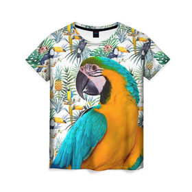 Женская футболка 3D с принтом Попугаи в Курске, 100% полиэфир ( синтетическое хлопкоподобное полотно) | прямой крой, круглый вырез горловины, длина до линии бедер | myparrots | parrot | ара | листья | орнамент | попугаи | птицы | рай | синежелтый | тукан | узор | цветы