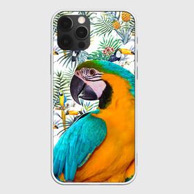 Чехол для iPhone 12 Pro с принтом Попугаи в Курске, силикон | область печати: задняя сторона чехла, без боковых панелей | myparrots | parrot | ара | листья | орнамент | попугаи | птицы | рай | синежелтый | тукан | узор | цветы