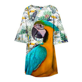Детское платье 3D с принтом Попугаи в Курске, 100% полиэстер | прямой силуэт, чуть расширенный к низу. Круглая горловина, на рукавах — воланы | myparrots | parrot | ара | листья | орнамент | попугаи | птицы | рай | синежелтый | тукан | узор | цветы