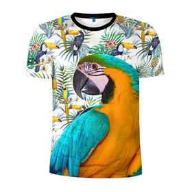 Мужская футболка 3D спортивная с принтом Попугаи в Курске, 100% полиэстер с улучшенными характеристиками | приталенный силуэт, круглая горловина, широкие плечи, сужается к линии бедра | myparrots | parrot | ара | листья | орнамент | попугаи | птицы | рай | синежелтый | тукан | узор | цветы