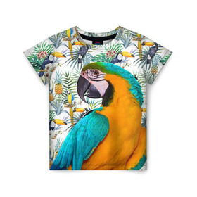 Детская футболка 3D с принтом Попугаи в Курске, 100% гипоаллергенный полиэфир | прямой крой, круглый вырез горловины, длина до линии бедер, чуть спущенное плечо, ткань немного тянется | myparrots | parrot | ара | листья | орнамент | попугаи | птицы | рай | синежелтый | тукан | узор | цветы