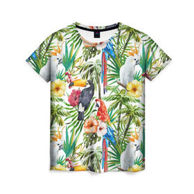 Женская футболка 3D с принтом Попугаи в Курске, 100% полиэфир ( синтетическое хлопкоподобное полотно) | прямой крой, круглый вырез горловины, длина до линии бедер | myparrots | parrot | ара | листья | орнамент | попугаи | птицы | рай | тукан | узор | цветы